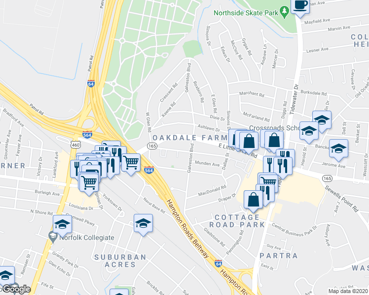 map of restaurants, bars, coffee shops, grocery stores, and more near 370 Fort Worth Avenue in Norfolk