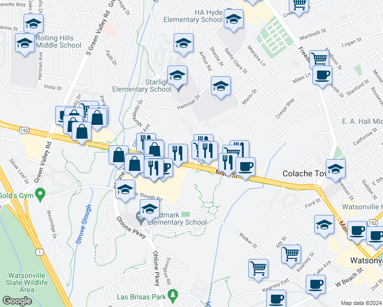 map of restaurants, bars, coffee shops, grocery stores, and more near 95 Pennsylvania Drive in Watsonville