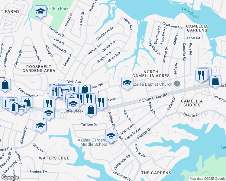 map of restaurants, bars, coffee shops, grocery stores, and more near 2504 Dominion Avenue in Norfolk