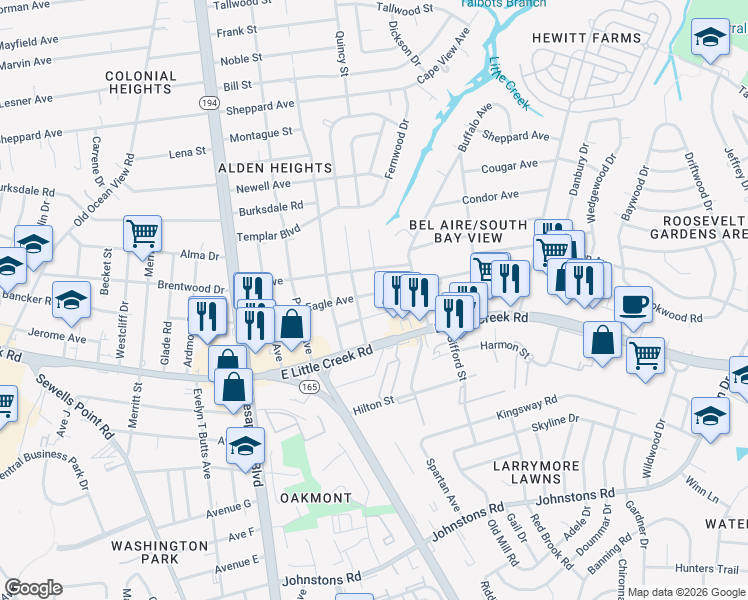 map of restaurants, bars, coffee shops, grocery stores, and more near 1332 Eagle Avenue in Norfolk