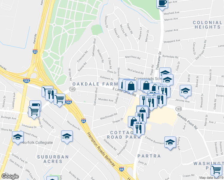 map of restaurants, bars, coffee shops, grocery stores, and more near 414 East Little Creek Road in Norfolk