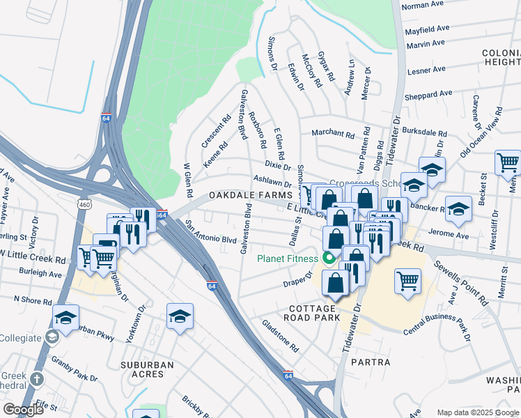 map of restaurants, bars, coffee shops, grocery stores, and more near in Norfolk