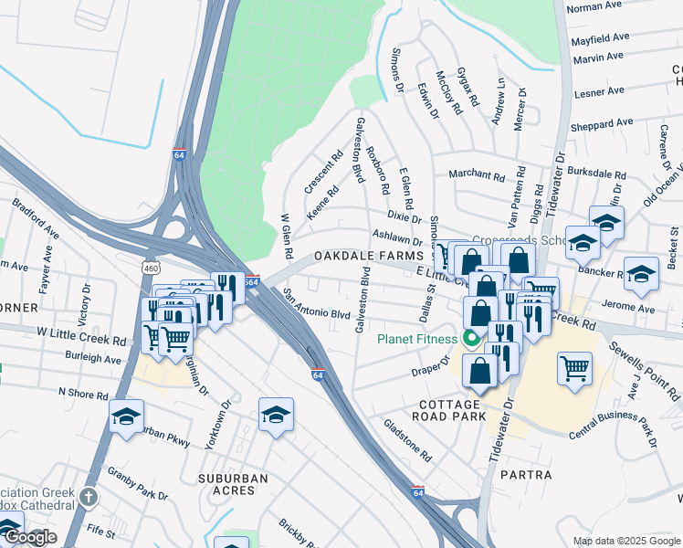map of restaurants, bars, coffee shops, grocery stores, and more near 327 East Little Creek Road in Norfolk