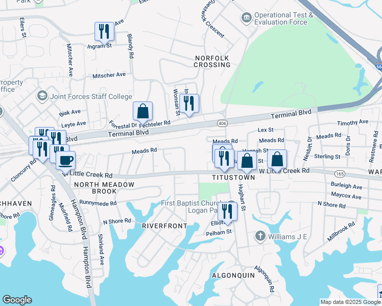 map of restaurants, bars, coffee shops, grocery stores, and more near 7744 Enfield Avenue in Norfolk