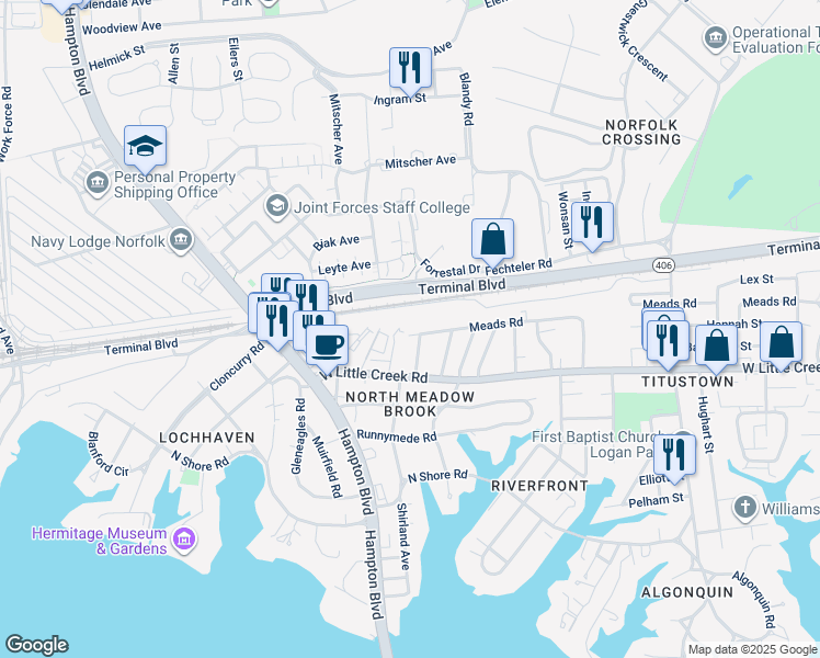 map of restaurants, bars, coffee shops, grocery stores, and more near 1522 Meads Road in Norfolk