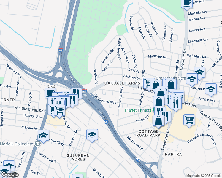 map of restaurants, bars, coffee shops, grocery stores, and more near 342 Fort Worth Avenue in Norfolk