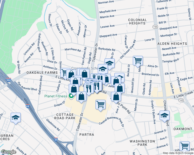 map of restaurants, bars, coffee shops, grocery stores, and more near 7942 Orchid Avenue in Norfolk