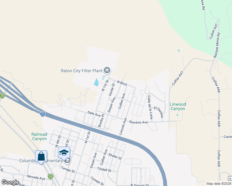 map of restaurants, bars, coffee shops, grocery stores, and more near 1352-1376 Verde Street in Raton