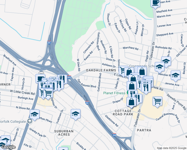 map of restaurants, bars, coffee shops, grocery stores, and more near 350 Fort Worth Avenue in Norfolk