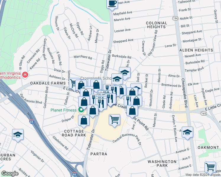 map of restaurants, bars, coffee shops, grocery stores, and more near 7942 Orchid Avenue in Norfolk