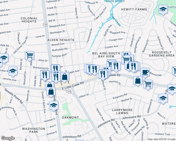 map of restaurants, bars, coffee shops, grocery stores, and more near 1332 Eagle Avenue in Norfolk