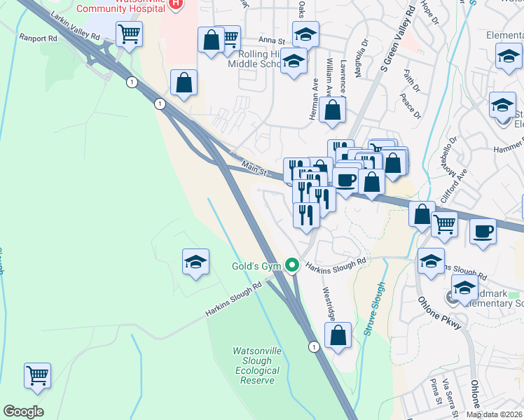map of restaurants, bars, coffee shops, grocery stores, and more near 237 Silver Leaf Drive in Watsonville