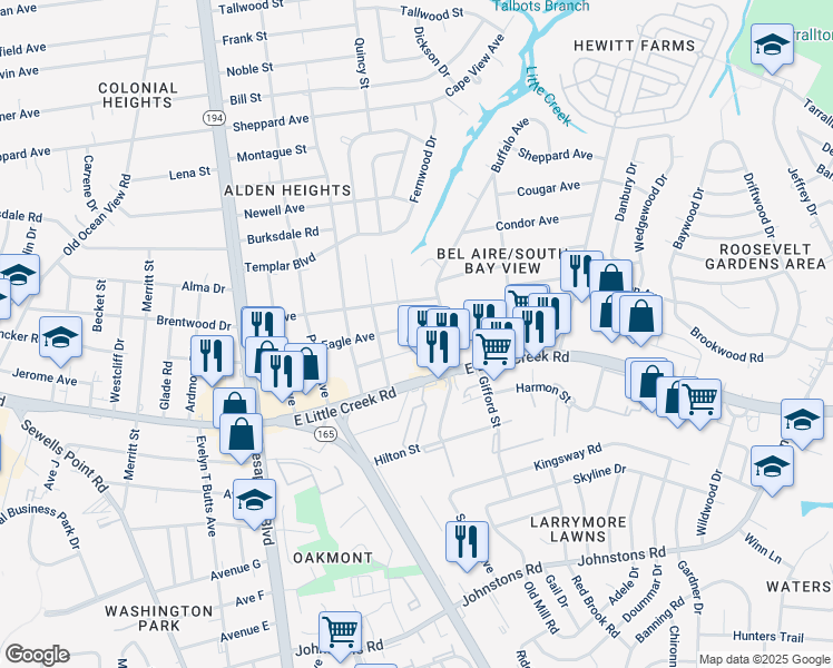 map of restaurants, bars, coffee shops, grocery stores, and more near 1332 Eagle Avenue in Norfolk