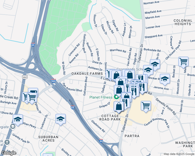map of restaurants, bars, coffee shops, grocery stores, and more near 414 East Little Creek Road in Norfolk