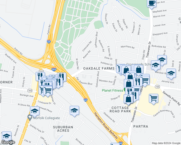 map of restaurants, bars, coffee shops, grocery stores, and more near 327 East Little Creek Road in Norfolk