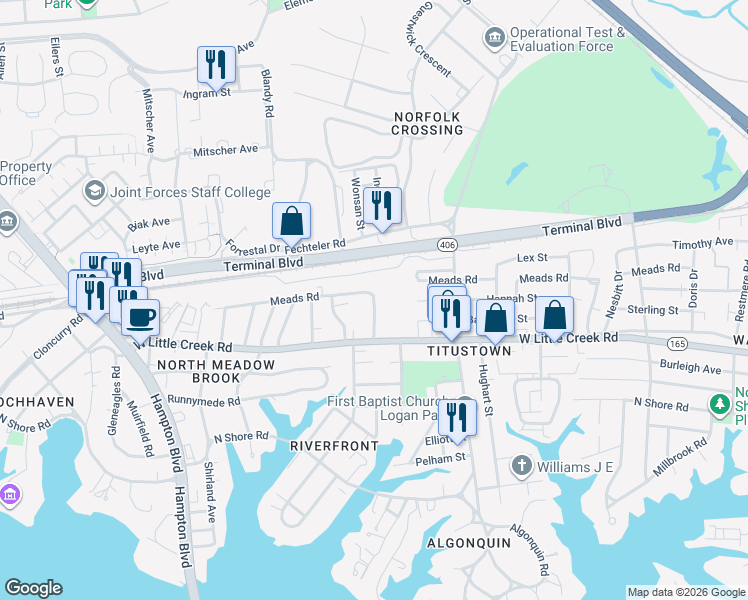 map of restaurants, bars, coffee shops, grocery stores, and more near 7744 Enfield Avenue in Norfolk