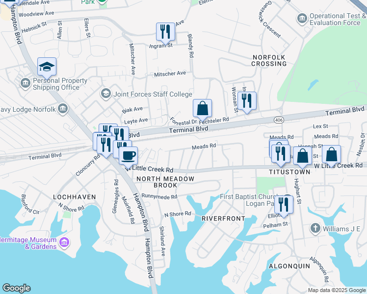 map of restaurants, bars, coffee shops, grocery stores, and more near 1500 Meads Road in Norfolk