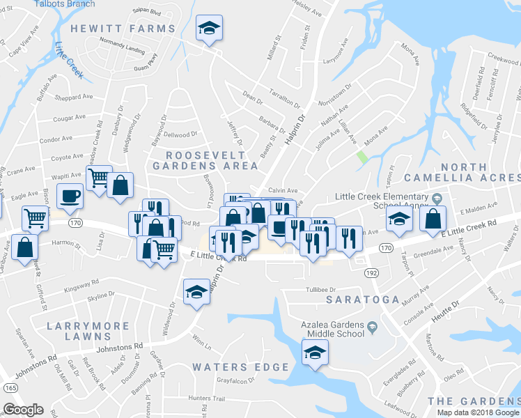 map of restaurants, bars, coffee shops, grocery stores, and more near 2305 Elaine Avenue in Norfolk