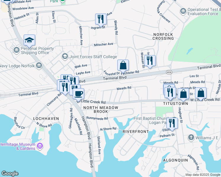 map of restaurants, bars, coffee shops, grocery stores, and more near 1484 Meads Road in Norfolk