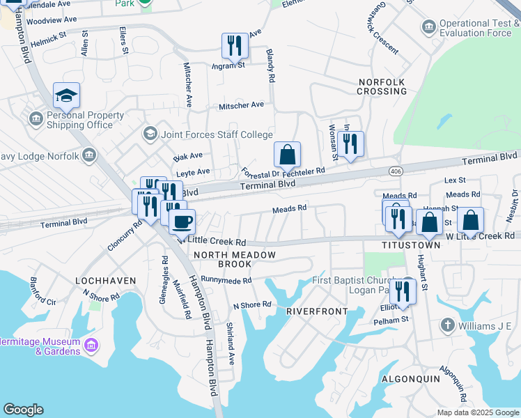 map of restaurants, bars, coffee shops, grocery stores, and more near 1500 Meads Road in Norfolk