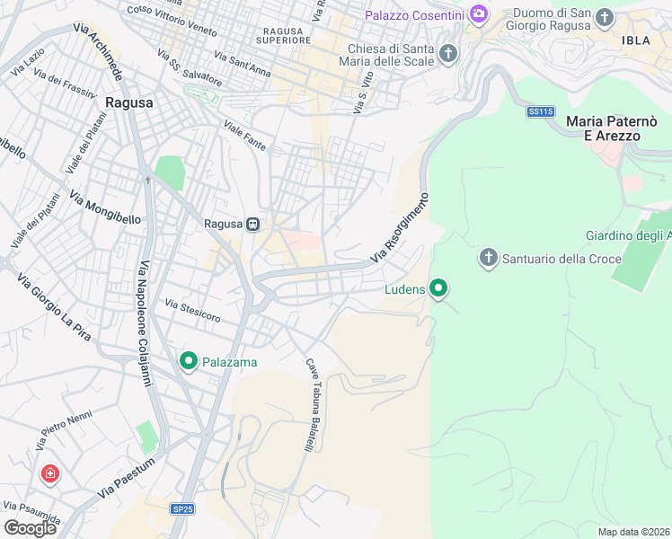 map of restaurants, bars, coffee shops, grocery stores, and more near 93 Via Risorgimento in Ragusa