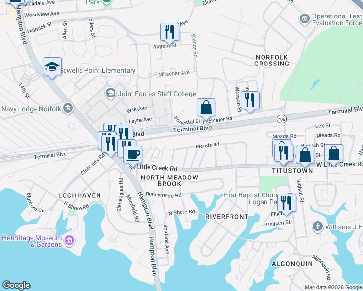map of restaurants, bars, coffee shops, grocery stores, and more near 1500 Meads Road in Norfolk