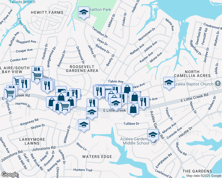 map of restaurants, bars, coffee shops, grocery stores, and more near 2317 Elaine Avenue in Norfolk