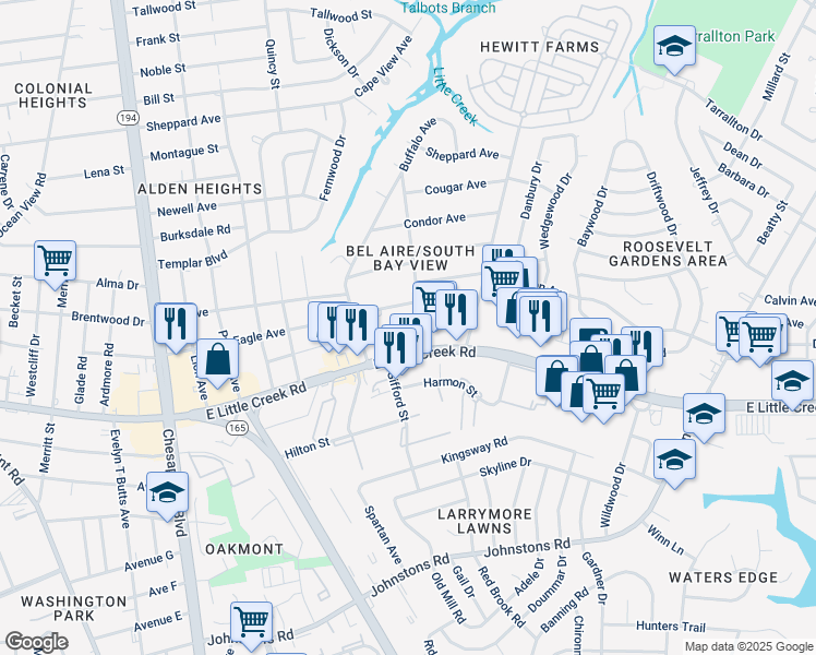 map of restaurants, bars, coffee shops, grocery stores, and more near 7919 Bison Avenue in Norfolk