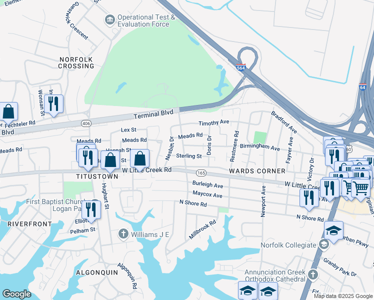 map of restaurants, bars, coffee shops, grocery stores, and more near 534 Birmingham Avenue in Norfolk