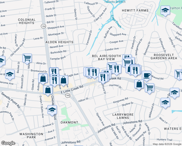 map of restaurants, bars, coffee shops, grocery stores, and more near 8001 Buffalo Avenue in Norfolk