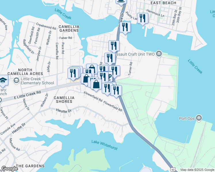 map of restaurants, bars, coffee shops, grocery stores, and more near 4231 Virginia 170 in Norfolk