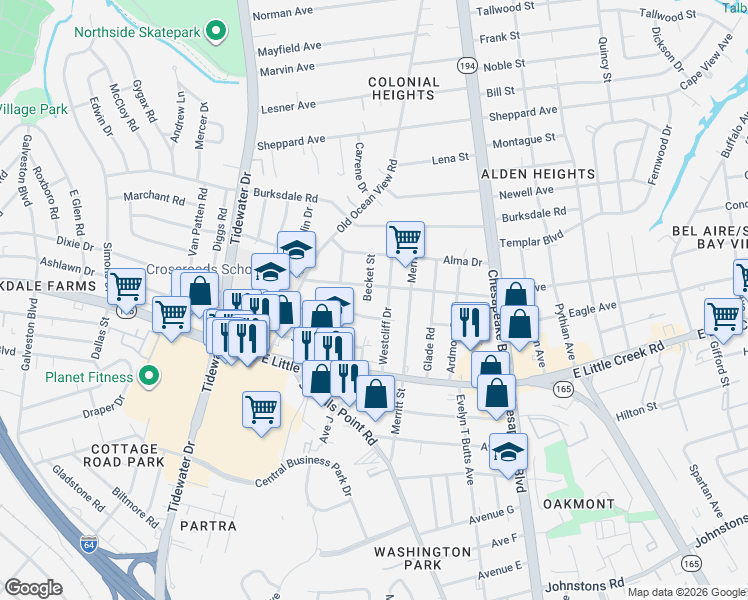 map of restaurants, bars, coffee shops, grocery stores, and more near 839 Brentwood Drive in Norfolk