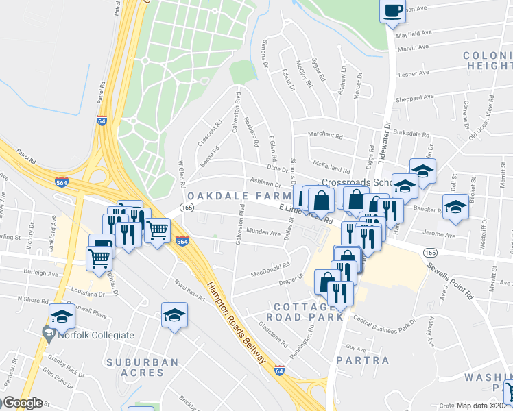 map of restaurants, bars, coffee shops, grocery stores, and more near 407 East Little Creek Road in Norfolk