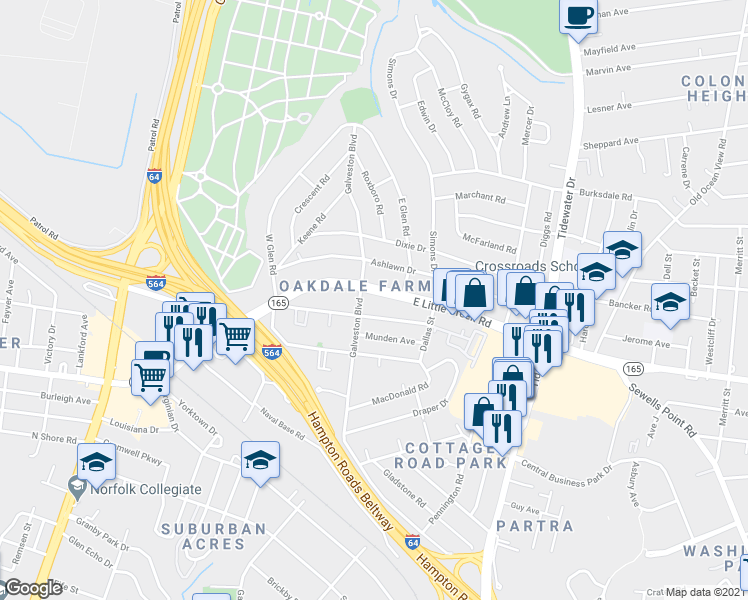 map of restaurants, bars, coffee shops, grocery stores, and more near in Norfolk