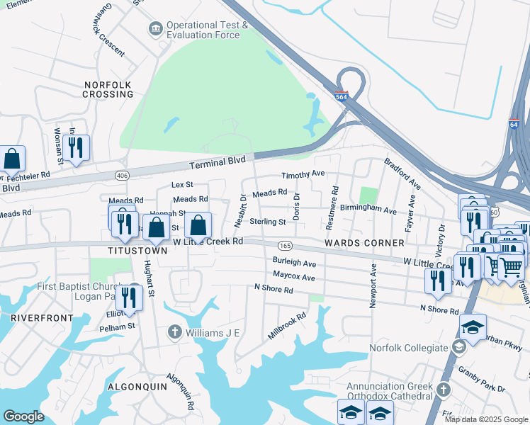 map of restaurants, bars, coffee shops, grocery stores, and more near 534 Birmingham Avenue in Norfolk