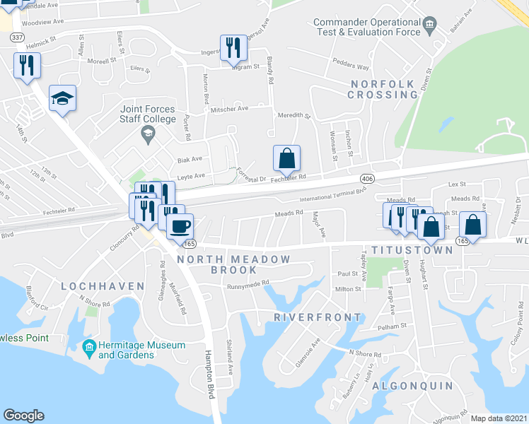 map of restaurants, bars, coffee shops, grocery stores, and more near 1472 Meads Road in Norfolk