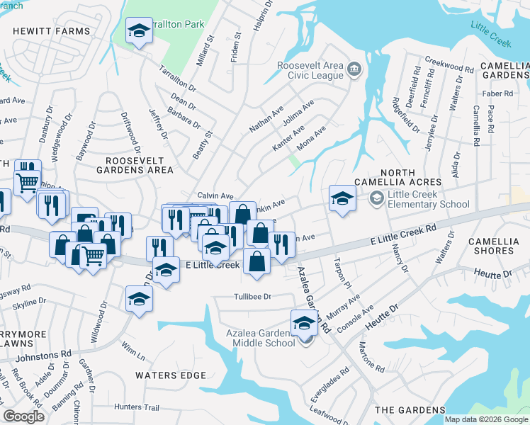 map of restaurants, bars, coffee shops, grocery stores, and more near 2448 Rankin Avenue in Norfolk