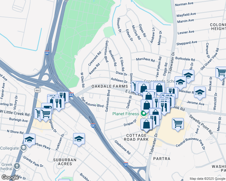 map of restaurants, bars, coffee shops, grocery stores, and more near in Norfolk