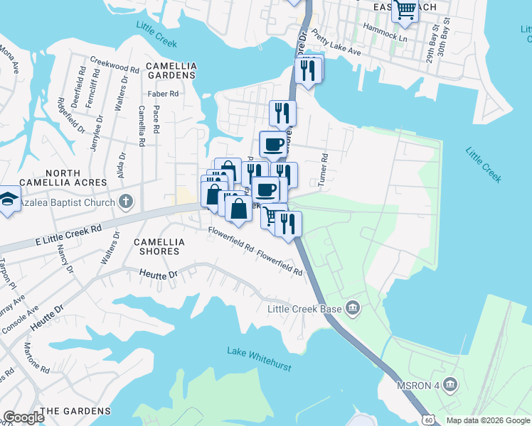 map of restaurants, bars, coffee shops, grocery stores, and more near 4231 East Little Creek Road in Norfolk