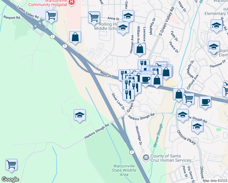 map of restaurants, bars, coffee shops, grocery stores, and more near 224 Silver Leaf Drive in Watsonville
