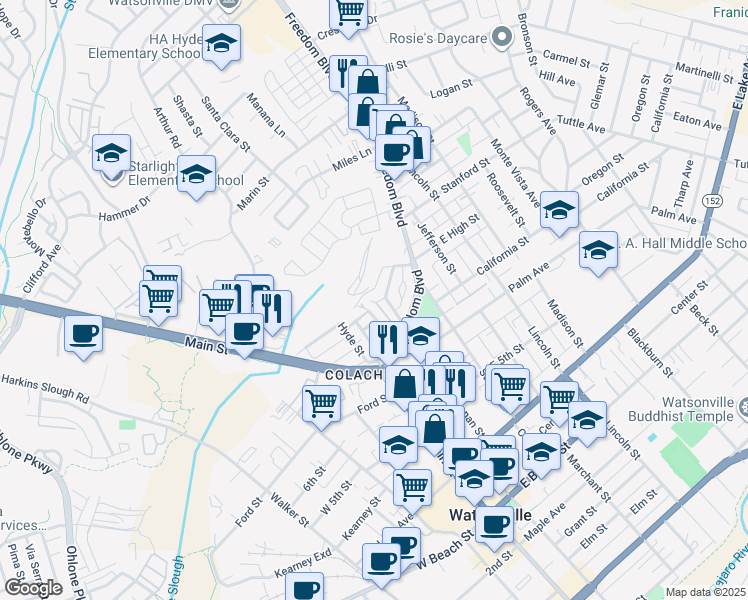 map of restaurants, bars, coffee shops, grocery stores, and more near 3 Gonzales Street in Watsonville