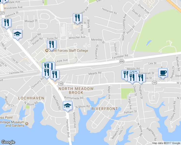 map of restaurants, bars, coffee shops, grocery stores, and more near 1472 Meads Road in Norfolk
