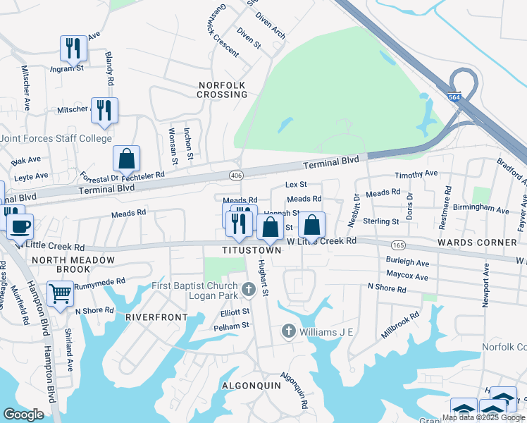 map of restaurants, bars, coffee shops, grocery stores, and more near 1012 Hannah Street in Norfolk