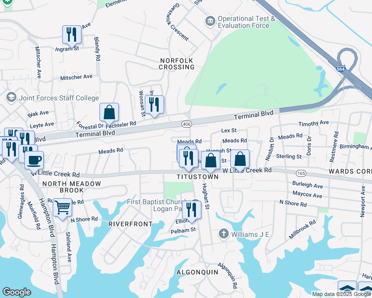 map of restaurants, bars, coffee shops, grocery stores, and more near 1108 Hannah Street in Norfolk