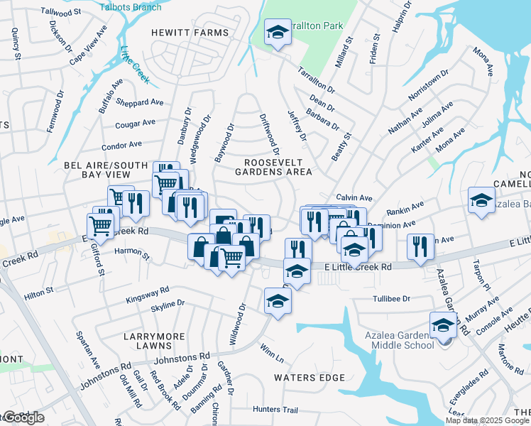 map of restaurants, bars, coffee shops, grocery stores, and more near 8005 Arrowwood Court in Norfolk