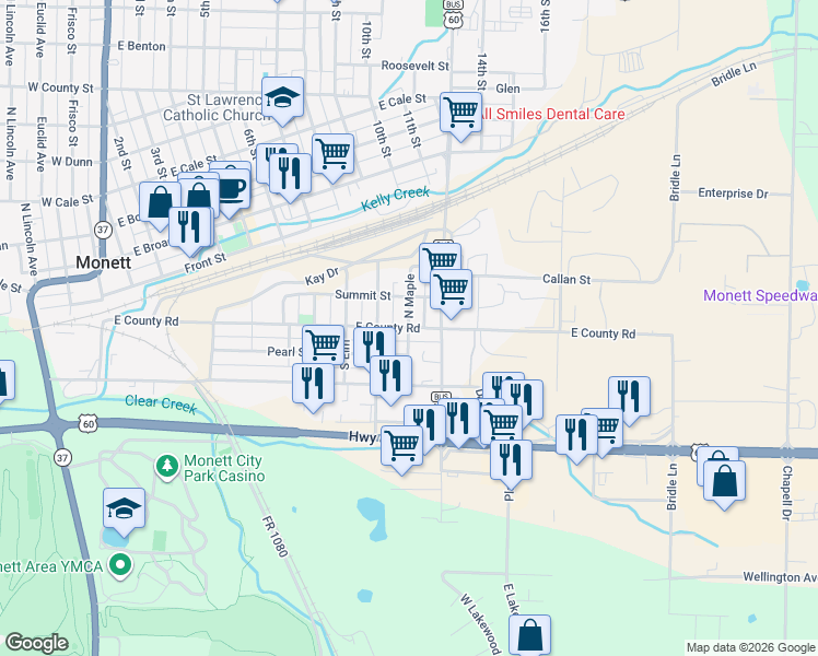 map of restaurants, bars, coffee shops, grocery stores, and more near 700 County Road in Monett