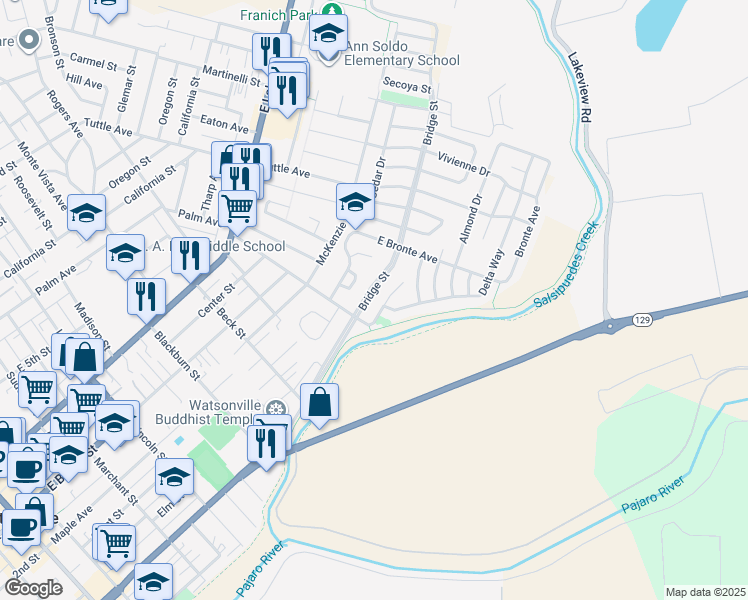 map of restaurants, bars, coffee shops, grocery stores, and more near 618 Bridge Street in Watsonville