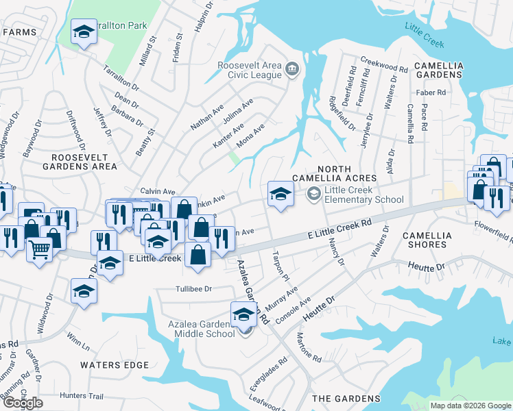 map of restaurants, bars, coffee shops, grocery stores, and more near 7941 Tarpon Place in Norfolk