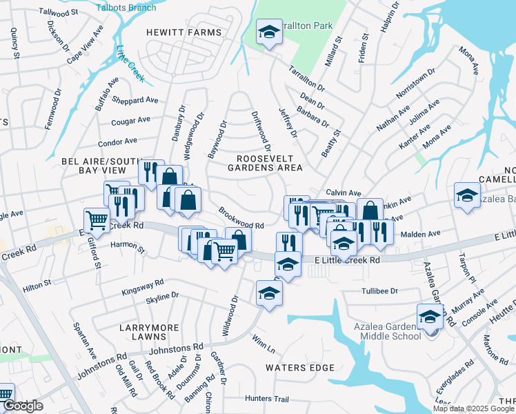 map of restaurants, bars, coffee shops, grocery stores, and more near 8005 Arrowwood Court in Norfolk