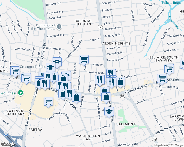 map of restaurants, bars, coffee shops, grocery stores, and more near 914 Brentwood Drive in Norfolk